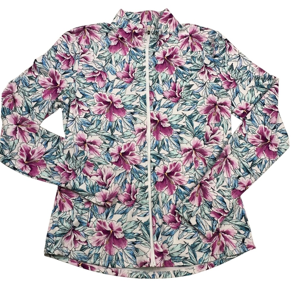 Tommy Bahama Active Womens Large Pink Floral Hibiscus Full Zip Track Jacket L
